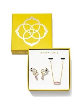 Kendra Scott Eva Pendant Gold Pink Opal Necklace Emma Huggie Earring Set New